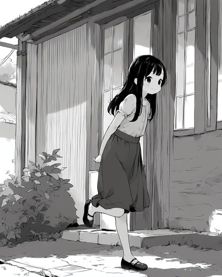 1girl, solo, young girl, smile, black hair, long hair, standing, leg up, hands behind back, outdoors, monochrome <lora:newhotaru_ill:1>