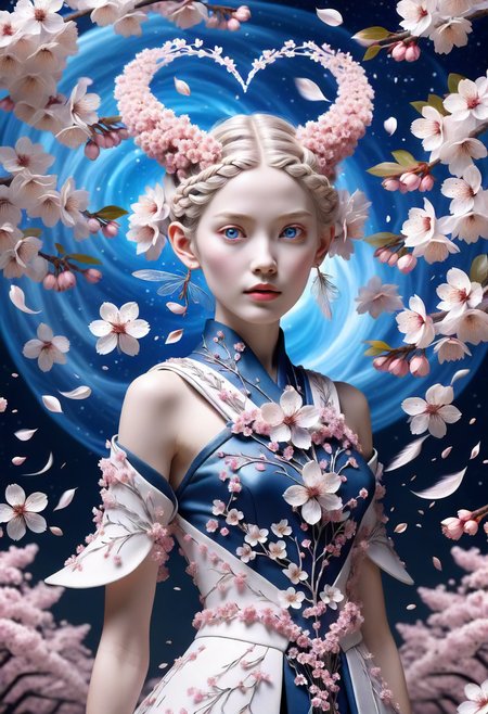DonMS4kur4XL, sakura blossoms, female  midlife, lanky, russian, deep blue eyes, curled ears,  unusual chin,     graceful clavicle,   nasal septum, platinum blonde dutch braid hair, love, time manipulation, circular motions to bend time and space,      wearing   glyph seraphic  hypnotize  enchanted steel seeress dress,     sling bag  flourish ( curved lines  iron diffusion  amorphous  cream illustrious  ephemeral  drifting  theory of mind heart cone st. elmo's fire magic:1.0), unleashing a barrage of enchanted arrows, arrows glowing with magic, ethereal light, perfect hands   <lora:myLora\DonMS4kur4XL-000006:0.8>