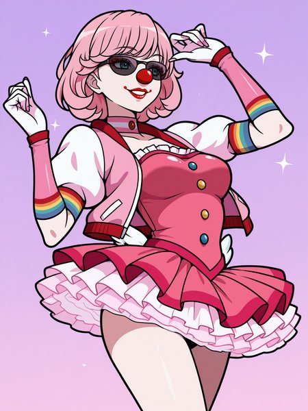 Masterpiece,best quality, vector art, 1girl,solo,cowboy shot,makeup,
edgClussy,red clown nose, a woman in a pink dress, wearing edgClussy,jacket,tutu,sunglasses,
<lora:edgClussyILS:0.65>