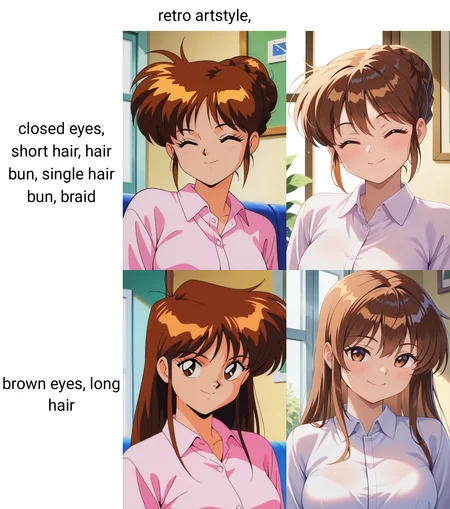 masterpiece, best quality, amazing quality, absurdres, 1girl, solo, (portrait:1.2), retro artstyle, yayoiww, brown hair, closed eyes, short hair, hair bun, single hair bun, braid, medium breasts, collared shirt, looking at viewer, smile, indoors, day, skindentation, detailed clothing folds, depth of field, sharp, high contrast, dynamic light <lora:Yayoi_Nageki_no_Kenkou_Yuuryouji_ill_v11:0.9>