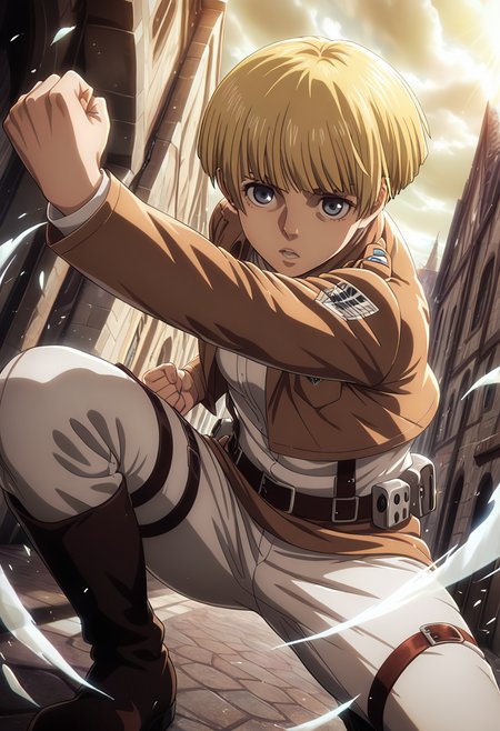 masterpiece, best quality, 32k, high resolution, absurdres
1girl, solo, yelena, blonde hair, dark blue eyes, short hair, bowl cut, blunt bangs
military uniform, suspenders, white pants, belt, boots
dynamic pose, fighting stance, attacking viewer, fists, dynamic angle, dynamic perspective, depth of field
indoors, Attack on Titan city, street, cloudy
motion lines, from both sides, light particles, dynamic angle,  cinematic angle, various angles, detailed background, beautiful background, (rays light:1.0),(grow:1.0) vivid colors, shiny and glossy, anime style, high-res, beautiful aesthetic, very intricate, high-quality details, vibrant, 
<lora:add-detail-xl:1.10> <lora:spo_sdxl_10ep_4k-data_lora_webui:0.95> <lora:noobai_ep11_stabilizer_v0.138_fp16:0.6> <lora:StS-Illustrious-Detail-Slider-v1.0:1.10> <lora:cfg_scale_boost:0.95> <lora:nyalia:0.20>    <lora:lora.TA_trained:1>