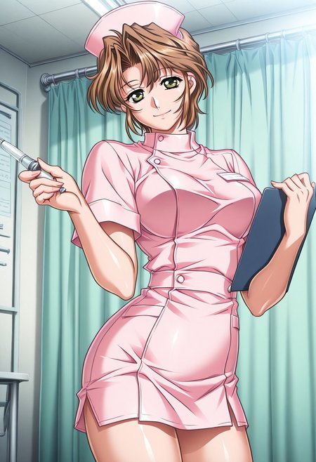 masterpiece, best quality, newest, highres, uncensored, 1girl, yokota mamoru style,1girl,
Hiizumi Hikaru,Brown Hair, Curtained Hair, Short Hair, Wavy Hair,Green Eyes,Slim
1girl, solo, , long hair, brown eyes, hat, nurse, smile, nurse cap, holding, looking at viewer, clipboard