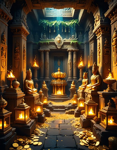 score_9, score_8_up, score_7_up,amazing quality, ultra realistic, 3D, HD, best quality, amazing quality, very aesthetic, absurdres
A hidden treasure chamber deep within an ancient temple, illuminated by the warm golden glow of torches and mystical blue light from enchanted crystals. The room is filled with piles of gold coins, jewel-encrusted goblets, and ancient artifacts covered in dust. Massive stone statues of forgotten deities guard the chamber, their eyes glowing faintly as if watching intruders. In the center, a grand pedestal holds a legendary artifactâan ornate golden crown encrusted with emeralds and sapphires, shimmering with an otherworldly aura. The walls are adorned with intricate carvings depicting lost civilizations, and creeping vines hint at centuries of abandonment. The atmosphere is mystical and slightly eerie, with a sense of both wonder and danger. The air is thick with the scent of aged parchment and burning incense, adding to the chamberâs ancient and mysterious feel. Cinematic lighting with dramatic shadows enhances the depth and richness of the scene, creating a visually stunning and immersive environment.
<lora:SDXLFaeTastic2400:0.4> <lora:extremely_detailed:0.4> extremely detailed,treasure ch4mb3r, <lora:treasure_ch4mb3r-p:1>