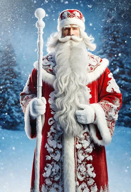 ((best quality)), ((masterpiece)), detailed soft oil painting, detailed background, soft edge lighting, professional, ultra quality, 4k,(masteriece, best quality, 8k, ultra highres, highres:1.4), extremely detailed, 
((a strong man of 60 years old with a long snow-white beard in the image of Russian, slavic Ded Moroz)) 
(standing:2) (full body photo:2) in the snowy forest, 
stands in a snowy forest among snow-covered fir trees, 
in a white fur coat trimmed with swan down or sable fur, embroidered with traditional Russian ornaments in silver - stars, crosses, geese, drawing in the style of oil painting, medium brush strokes, khokhloma style, slavic style, 
On the head is a traditional white warm boyar hat in the shape of a semi-oval, decorated with traditional Russian silver and pearl embroidery, trimmed with swan's down.
on her hands are huge white three-fingered mittens, decorated with traditional Russian silver embroidery.
The fur coat is tied with a white sash, embroidered with traditional Russian patterns.
On his feet are exclusively white felt boots embroidered with silver.
(((With his right hand he holds a long magical crystal staff with a twisted handle. The staff is decorated with a moon and a bull's head))). 
looks at the viewer, cheerful calm kind look, kind smile, cheeks red from frost, 
winter, a bright sunny frosty day, fluffy Christmas trees in snow, snow sparkles under the rays of the sun,
 by Viktor Vasnetsov, by Vasily Surikov