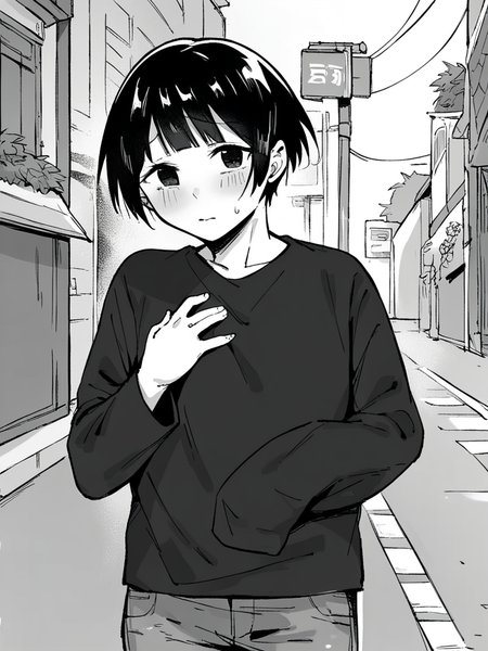 score_9, score_8_up, score_7_up,  
1girl, monochrome, black hair, short hair, black eyes, blunt bangs, standing, black t-shirt, long sleeves, hand on own chest, blush, shy, looking at viewer, jeans, upper body, outdoors, street, solo,