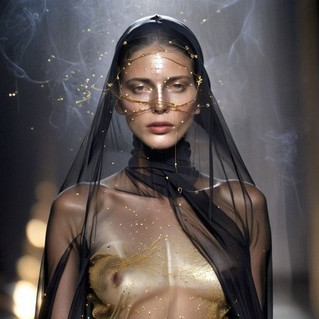 Runway, fashion show, photography of a beautiful woman, elegant, seductive, otherworldly, mysterious, covered face, sheer veil, white plastic, galactic dusk, gold particles, thin black shirt, dark, smoke, Nicola samori