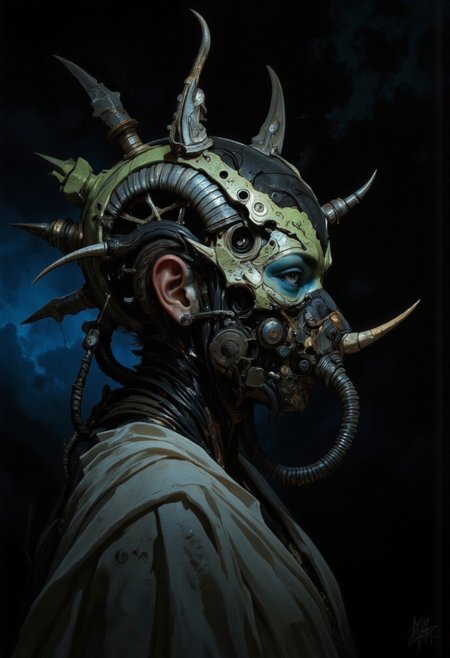 A futuristic, surreal portrait of a woman shrouded in darkness, her profile illuminated by a soft, otherworldly glow. She wears an intricate biomechanical headpiece that curves around her head like a metallic spine. The headpiece, made of segmented, textured metallic coils, emanates an eerie greenish hue and appears both ancient and advanced. Horn-like protrusions emerge from its design, enhancing its alien, almost predatory aesthetic. Her face is partially obscured by a menacing mask crafted from bone-like material and dark, textured metals. The mask wraps around her lower face and nose, featuring jagged edges and organic curves that blend with the biomechanical motif. The design suggests a functional purpose, perhaps a breathing apparatus or ceremonial ornament. A flexible, ribbed tube extends from the mask to her collar, further adding to the utilitarian yet decorative feel of her ensemble. Her exposed shoulder and collarbone reveal smooth, glowing skin that contrasts starkly with the rough, mechanical elements of her attire. Her striking blue eye peers through the darkness, framed by bold lashes and an intense gaze. The lighting accentuates her angular features and creates a dramatic interplay of shadows across her face and headpiece. The background fades into deep black, isolating her figure and emphasizing the sculptural quality of her adornments. The composition combines cyberpunk and dystopian aesthetics, blending organic with industrial design. <lora:Exogenous:1>
