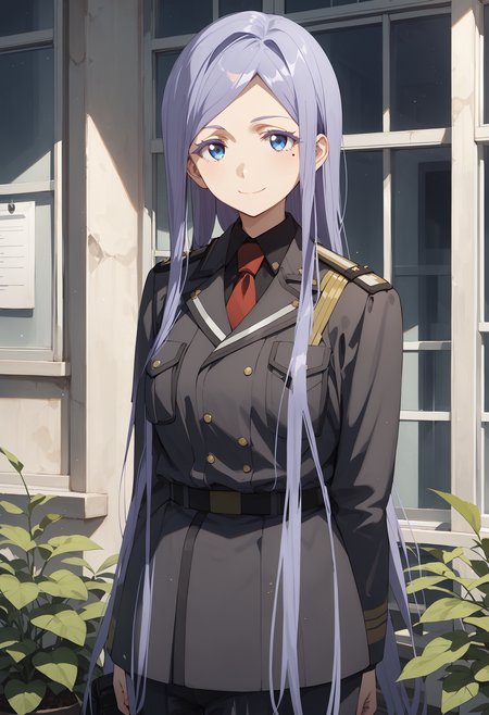 score_9, score_8_up, score_7_up, score_6_up, score_ANIME,  1girl,  , anjuemma, 1girl, solo, mole under eye, purple hair, blue eyes, military uniform, white eyelashes, smile, part bangs, black blazer, red necktie, black collared shirt, looking at viewer, belt, (very long hair:1.5), , closed mouth,  trousers, <lora:anju_emma_pony5:1> cowboy shot, medium breasts,  looking at viewer,  smile,
