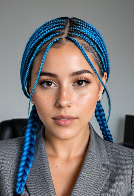 SelenaXenon, a young woman (approximately 25 years old), with electric blue intricate braids hair, warm hazel almond-shaped eyes, freckles across the nose bridge, a small, silver stud piercing on her right nostril, (medium shot portrait:1.2), wearing  a tailored grey business dress], standing in a modern minimalist office  soft cinematic lighting,