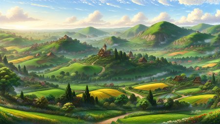 Realistic landscape painting of the English countryside, inspired by Thomas Moran and Claude Monet, with rolling hills, vibrant green fields, and a small village in the distance. (Long shot), soft natural lighting, intricate details capturing the essence of nature.  <lora:SDXLFaeTastic2400:0.8> <lora:detailed_notrigger:0.8>   <lora:PE_AnimeBG:0.8> PEAnimeBG, Background, anime, scenery  <lora:ral-anmwrlds-sdxl:0.8> ral-anmwrlds