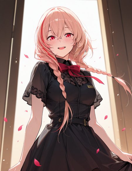 Volumetric Lighting, (masterpiece), (best quality), (ultra-detailed), masterpiece, source_anime, score_9, score_8_up, score_7_up BREAK, illustration, disheveled hair, detailed eyes, perfect composition, moist skin, intricate details, detailed eyes, detailed face, detailed fingers BREAK, M4sopmod2, 1girl, solo, long hair, looking at viewer, blush, smile, open mouth, red eyes, dress, bow, hair between eyes, medium breasts, pink hair, braid, short sleeves, red hair, bowtie, black dress, red bow, twin braids, streaked hair, petals, red bowtie