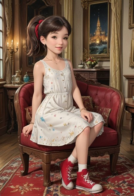 score_9, score_8_up, score_7_up, masterpiece, best quality, highly detailed, (masterpiece, best quality, highly detailed), very detailed face, hyperrealistic, (UHD quality details), beautiful face,
Sitting on luxurious sofa,
1 girl, legal age, young, petite, flat chest, small breast,
Luxurious earings, necklace, Bracelet,
Smile, happy,
Emmypony
 overall skirt, ponytail, red hair ribbon, brown hair, brown eyes, red converse, red footwear
Sitting on luxurious sofa,
Luxurious dining room, chateau, fireplace, fire in the fireplace, chandeliers, candles, window, carpet, curtains, paintings on the walls, table, sofa, 
Cowboy shot,  Dynamic move, Moving,
Working, 
Side view