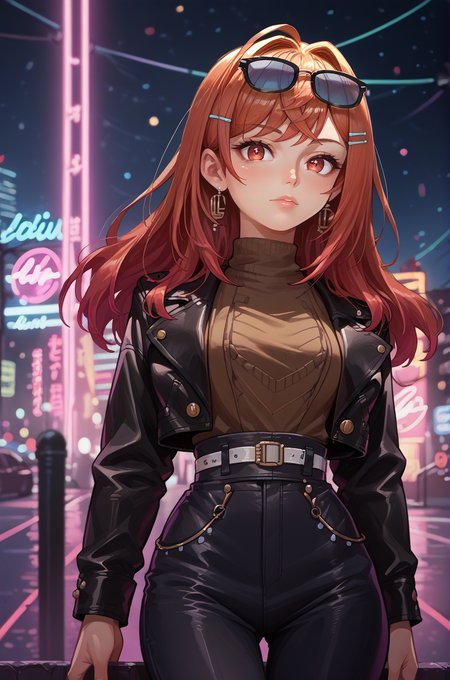 1girl, solo, IchijouRirika, long hair, hairclip, sunglasses on head, cowboy shot, nightclub, neon lights, bokeh, depth of field, makeup, leather jacket, turtleneck, high waist pants, <lora:ChamIchijouRirikaPonyXL:1>, , score_9, score_8_up, score_7_up, source anime, (shiny skin:1.20),