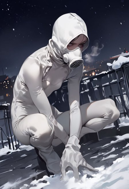 score_9, score_8_up, score_7_up, score_6_up, 1girl, ((face jav white mask)), no breasts, (((white tight bodysuit))), ((rooftop)), ((night)), white boots, white tight  scuba, skinny leg, ((((((crouched)))))), (((gray day))),((((((serious eye)))))), ((white gloves)), ((details eyes)),
yyjytjr856856356sd73, ((young)), ((young body)), ((petite)), ((short)), ((skinny body)), ((flat chest)),  ((snow)) ,  ((((white gas mask suit)))), (((heavy breath))),  ((((small white gas mask))))