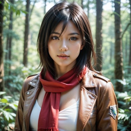 [realistic lighting],[photo],[photorealistic], [score_9, score_8_up, score_7_up, score_6_up, score_5_up, score_4_up], woman, young, 18 yo, with a scarf around their neck, mikasa ackerman, asian, japanese, ((forest)), with long hair and piercing eyes, red cloth, portrait, focus on face