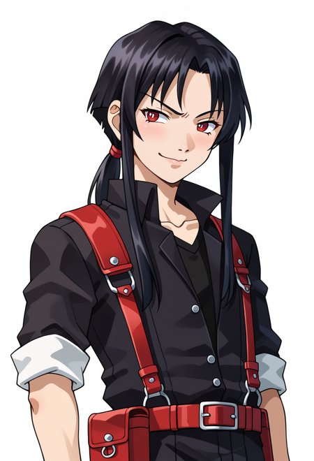 score_9, score_7_up, source_anime, BREAK <lora:zs_SoulHackersPortraitsXL:1> soulhackersportraits, portrait, white background,, smug smile, 1boy, red eyes, tsurime, black hair, parted bangs, hair intakes, ponytail, short hair with long locks, very long bangs, jacket on shoulders, black coat, dress shirt, sleeves rolled up, fingerless gloves, shoulder holster, chest belt,