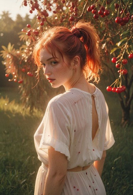 NSFW, highly detailed and hyper realistic photo, by nan goldin, Sophie Harris Taylor , a infrared photography of a Rear view, side view, soaked_tea_brand, amidst beautiful cherry trees with ripe cherries, standing on tip toes, Stretching to get a Cherry, a freckled natural busty blonde/Red haired freckled Woman with messy ponytail amidst the red ripe cherries in high Grass, infront of the atmospheric sunrise, see through long white boho inspired blouse with cherry stains, sexy body silhouette, , limited dark palette, vibrant colors, faded, atmospheric haze, highly dramatic cinematic lighting, motion blur, film grain,  professional, excellent composition, finest details, maximized details, ultimate detail level, masterpiece, best quality, ISO 300, 1/250s, F/2,8, 38 mm, extremely high quality RAW photograph, 4k, sharp focus, high resolution, 8k UHD, DSLR, high quality, film grain, Fujifilm XT3