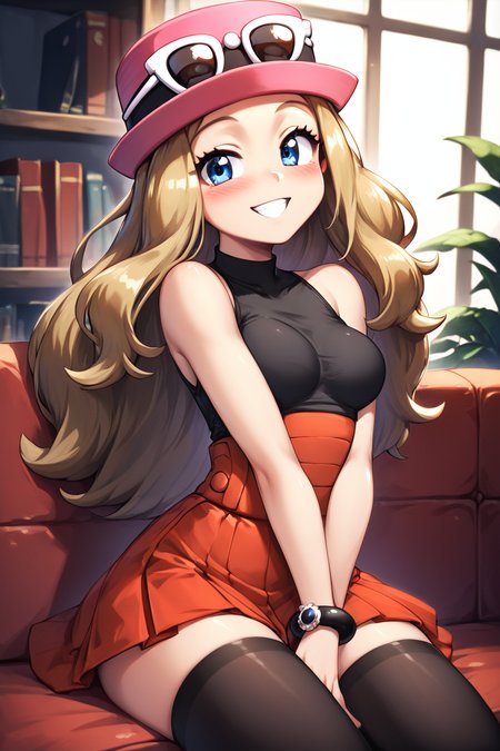 score_9, score_8_up, score_8, medium breasts, (curvy), cute, eyelashes,       BREAK, , BREAK, zzSerena, solo, long hair, blue eyes, eyewear on headwear, pink headwear, eyelashes, sleeveless shirt, black shirt, bracelet, high-waist skirt, red skirt, black thighhighs,<lora:SerenaPokemon_PDXL_r1:0.8>, ,,, hand between legs, blush, smug,  ,,,  smile, looking at viewer, blush, blurry, couch, sitting,   ,,, <lora:HaseYu_PDXL:0.8>, ,,,, BREAK,  smile, looking at viewer, cowboy shot,  embedding:zPDXL, Expressiveh, <lora:SDXLFaeTastic2400:0.5>,  <lora:Expressive_H-000001:0.4>,