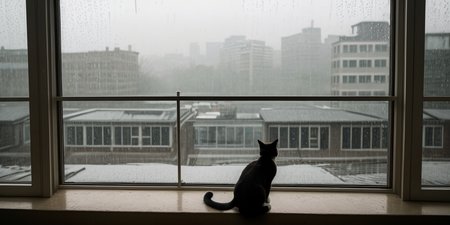 photo of a sad lonely cat at home, featuring a siamese cat perched on a windowsill, gazing wistfully out at the rainy landscape beyond. The important feature of the image is the cat's forlorn expression, framed by streaks of raindrops on the window pane. More details include the cat's sleek fur and the blurred outlines of city buildings in the background, adding to the sense of urban isolation. The pose of the cat is stoic yet contemplative, as if lost in thought. Shot framing is wide, capturing both the cat and the rainy cityscape to evoke a sense of longing and solitude. The setting/background is a dimly lit room with muted colors, contrasting with the vibrant hues of the outside world. Under soft, natural lighting with a hint of gray, the effect enhances the mood of melancholy and introspection. Shot from a high angle using a Canon EOS 5D Mark IV, the camera captures the cat's perspective as it gazes out into the rainy day. In the style of fine art photographer Gregory Crewdson, the image explores themes of loneliness and alienation in the modern urban environment