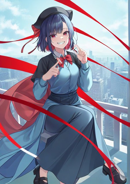 1girl, nagae iku, furry female, black footwear, black headwear, blue hair, bow, bowtie, capelet, cloud, electricity, floating, frilled capelet, frilled shawl, frilled sleeves, frills, grin, hagoromo, hat, hat bow, hat ribbon, head rest, long skirt, long sleeves, looking at viewer, mary janes, medium hair, red bow, red bowtie, red eyes, red ribbon, ribbon, shawl, shoes, skirt, smile, solo, 
 zPDXL3 <lora:siwaãã:1>