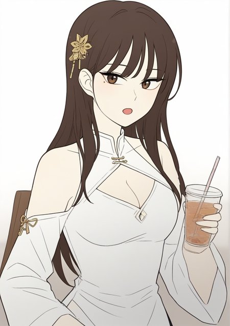 1girl,ì ííê·¸
, bare shoulders, breasts, brown eyes, brown hair, chinese clothes, cleavage, cleavage cutout, clothing cutout, cup, drinking straw, hair ornament, holding, holding cup, juice, long hair, looking at viewer, open mouth, solo, white background, white sleeves<lora:ì°ì íëª:1>