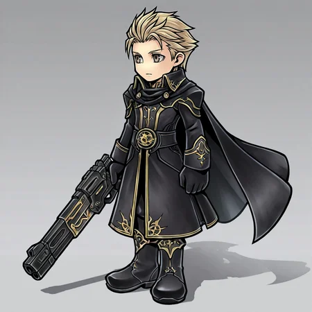 1boy, male focus, weapon, cape, , black footwear, gloves,  boots, holding, holding weapon, blonde hair, standing, black cape, gun, black gloves, , armor, closed mouth, coat, , , , , 
2d,  <lora:GAME_STYLE_Dissidia_Final_Fantasy_Opera_Omnia:0.9>  , graphite \(medium\), traditional media, colored pencil \(medium\),dissidiaopera, solo, no nose, full body, ,masterpiece, best quality, very awa,