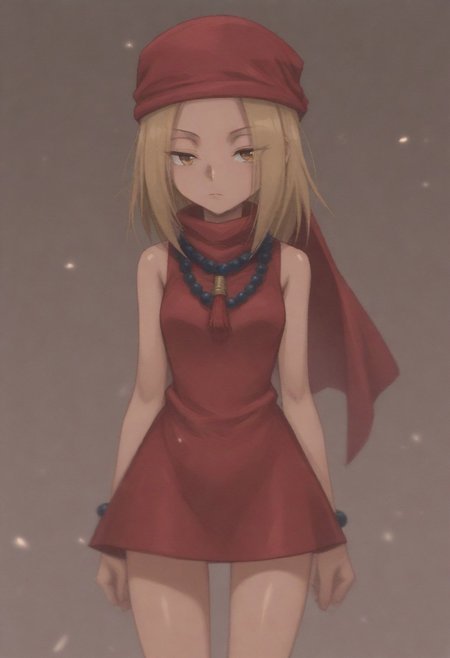 masterpiece, best quality, amazing quality,,, shiny skin,,,,,kojiann, short hair, blonde hair, brown eyes, short dress, sleeveless, bead necklace, red bandana, bracelet, <lora:Anna IXL 2-000013:1>