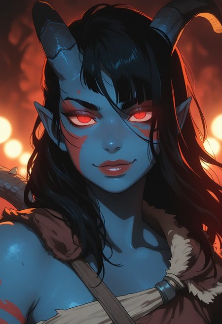 masterpiece, best quality, amazing quality, LDSCH, aesthetic, 1girl, portrait, beautiful, tiefling shaman, black hair, (long hair:1.3), side bangs, horns, barbarian, gladiator, war paint, tribal markings, long tail, blue skin, red lips, red eyes, glowing eyes, (smug:0.85), dramatic lights, detailed