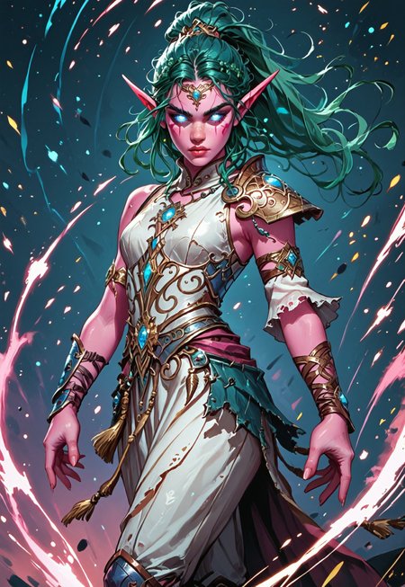 ((zPDXL3)), ((masterpiece,best quality, highly detailed)), ((score_9)), score_8_up, score_7_up, score_6_up, score_5_up, score_4_up, Digital painting style, brushstrokes, ((EnhanceImage)), solo, 1girl, TyrandeWoWXL, pink skin, colored skin, blue eyes, glowing eyes, green hair, long hair, hair ornament, ponytail, forehead ornament, long eyebrows, long pointy ears, (medium breasts), armor, jewelry, detached sleeves, single sleeve, single shoulder armor, white dress, single armlet, single guantlet, armored footwear, toeless footweear, 
Expressiveh, 30yo, adult lustful confident woman, petite, slender body, perky saggy natural breasts, full lips, bangs, sidelocks, straps,
chinese magical sorceress, animated, swirling magic, wisps of magic, dancing pose, tight squeezed outfit, magical accessories, evoking motion, conveying motion, dynamic splash art, 
<lora:PainterlyFantasiaPDXL:0.6>,