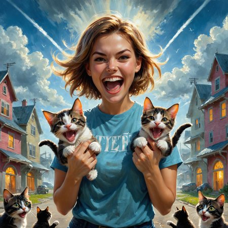 by  Paul Lehr  and  Martine Johanna in the style of  Jerry Uelsmann ,  cute happy woman holding up two cute kittens while laughing maniacally, dual wielding kittens <lora:happy:0.25><lora:maniacal_laughter:1.75><lora:dual_pistols:0.35> , digital painting <lora:digital_painting_envy02:0.60>  <lora:more_art:0.30> <lora:midjourney:-0.15> <lora:RMSDXL_Enhance:0.50> <lora:RMSDXL_Creative:0.50> <lora:RMSDXL_Photo:0.50> <lora:RMSDXL_Darkness_Cinema:0.50> <lora:clothing_slider:2.00> <lora:great_lighting:1.50> <lora:aesthetic:1.50> <lora:photorealistic_portrait:1.50> <lora:extremely_detailed:1.50> <lora:dpo:0.25>