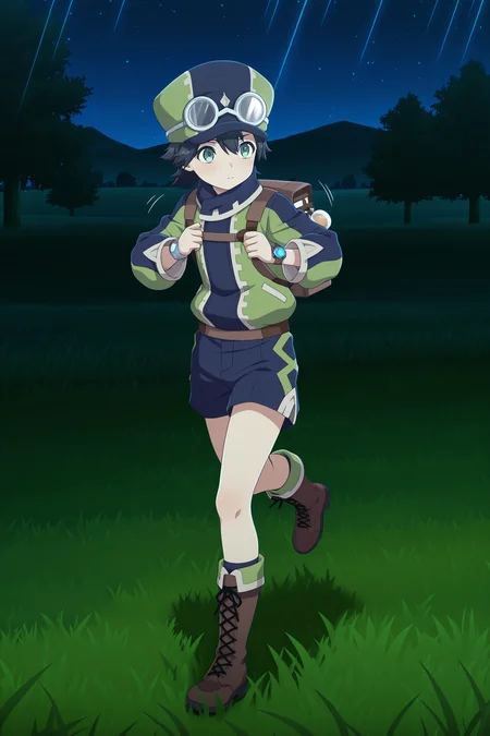 anime screencap, anime coloring, detailed face, masterpiece, best quality, very aesthetic, absurdres, volumetric lighting, official style, amazing quality, ultra detailed, highres, amazing quality, scenery, beautiful detailed hair, beautiful detailed eyes,
outside, grass, at night, night
 <lora:Jean_Fire_Emblem_Engage:.8>
1boy, solo, male focus, bag, shorts, night, cross-laced footwear, hat, boots, goggles, standing, backpack, black hair, lace-up boots, full body,
running, motion lines, motion blur