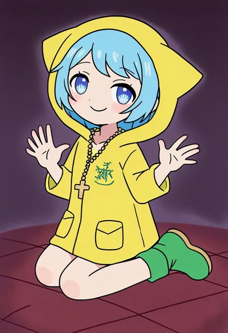 score_9, score_8_up, score_7_up, BREAK
highres, highly detailed, high resolution, high quality, 
source_anime, anime screencap, saturation, vivid colors, 
1girl, solo, luce, full body,
light blue hair, big dark blue eyes, short hair, cute,
(long yellow raincoat:1.1), green rubber boots, 
cross necklace,
squinting eyes, half-closed eyes, smile, naughty face, closed mouth, looking at viewer,
a girl holding a crucifix in her one hand, on knees, kneeling, sitting, holding, holding cross, offers cross,
pikaole, cute, bokeh,
room background, wooden chest, 
(side view:0.5), (high angle:0.7),