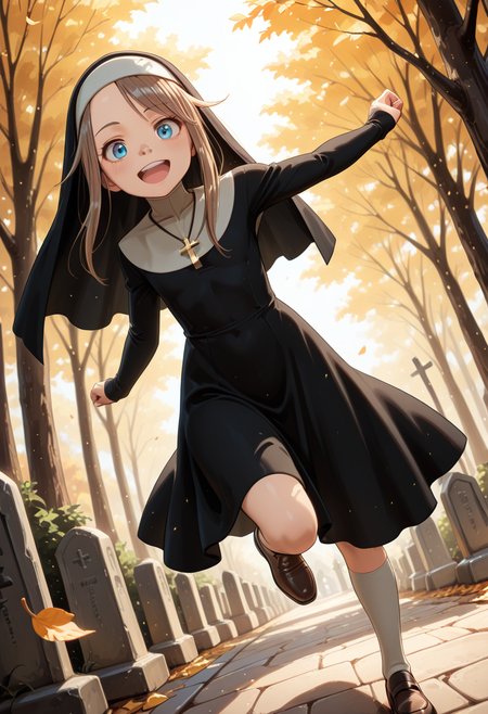 masterpiece, best quality, 32k, high resolution, absurdres 
1girl, solo, Gardie, brown hair, blue eyes
habit, nun , nun dress, cross necklace,
dynamic pose, running, jumping over graves. smiling, open mouth, towards viewer, moving lines, blurry background
outdoors, graveyard, old graves, old tombstones, old church in the background, autumn, falling leaves, windy
light particles, dynamic angle,  cinematic angle, various angles, detailed background, beautiful background, (rays light:1.0),(grow:1.0) vivid colors, shiny and glossy, anime style, high-res, beautiful aesthetic, very intricate, high-quality details, vibrant, 
<lora:add-detail-xl:1.10> <lora:spo_sdxl_10ep_4k-data_lora_webui:0.95> <lora:noobai_ep11_stabilizer_v0.138_fp16:0.6> <lora:StS-Illustrious-Detail-Slider-v1.0:1.10> <lora:cfg_scale_boost:0.95> <lora:nyalia:0.20>   <lora:hildegard_illustrious:0.8>