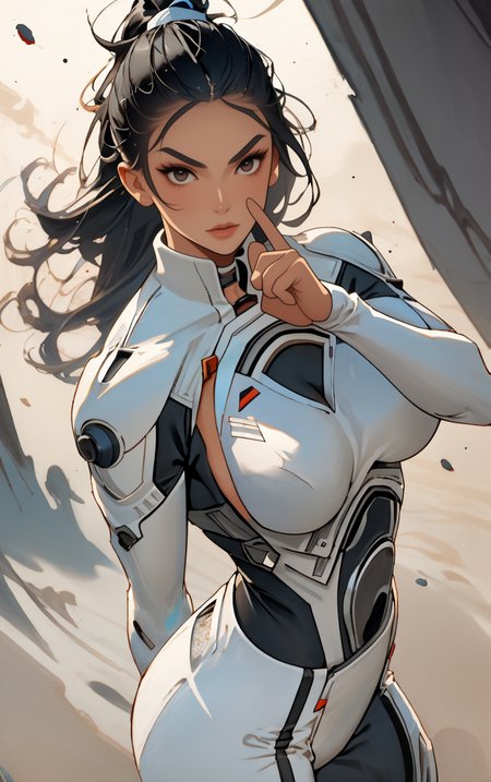((masterpiece, best quality)),  solo, looking at viewer, amazon_woman whit black hair wearing spacesuit, long hair, "Confused:1.2", "Crew cut hairstyle" hair, "Shushing with finger to lips" pose , skin tight,  depth of field, light particles,
 <lora:GoodHands-beta2:1>,
<lora:BrazilianWomanAmazon_V1.0:1>,
<lora:muscle_slider_v1:2>,
<lora:weight_slider_v2:-1>,
<lora:hair_length_slider_v1:1>,
 <lora:spacesuitV1.0:0.7>,
 <lora:wuxia2:0.6>,
 <lora:Background_Detail_v3:1>,
<lora:IvoryGoldAIv2:0.7>
