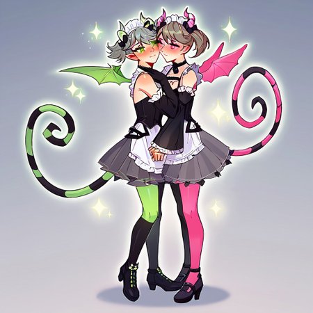 (score_9_up, score_8_up, best quality, hires, highly detailed, ultra-realistic, expressive, intricate details, yuri, sensual, intimate atmosphere, full body shot)
Arianna and Ariane from Yu-Gi-Oh, ygoarianna, ygoariane, yuri theme, close and intimate, full body view, green eyes, green wings, green tail, green horns, green/black thighhighs, detached sleeves, maid outfit, pantyhose, twintails, pink eyes, pink wings, pink tail, pink horns, black/pink thighhighs, gloves, twintails, close body contact, affectionate expressions, soft blush, gentle lighting, intertwined limbs, subtle romantic tension, elegant and detailed maid outfits, vibrant colors, glowing eyes, delicate hands, soft focus background
romantic setting, warm light, soft shadows, rich textures, glowing effects, magical atmosphere, slight sparkles, intricate lace, silky fabrics