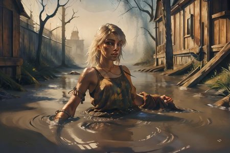1 woman, thug, detailed texture, an oil painting,
partially submerged
looking at the viewer, 
realistic illumination
aesthetic composition
in style of Luis Royo