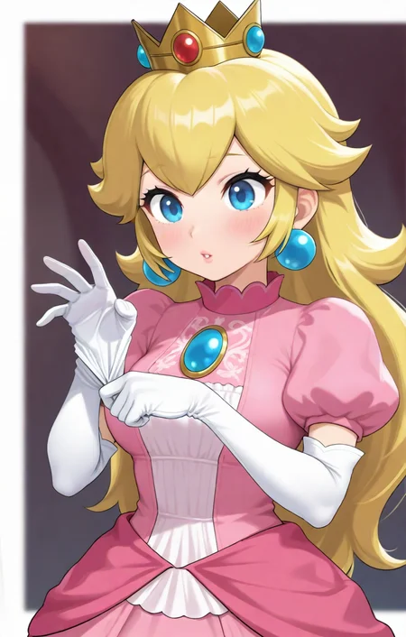 [[[hinosaki]]], 1girl, solo, cowboy shot, upper body, princess peach, blonde hair, blue eyes, long hair, pink dress, crown, remglove, removing glove, white gloves, masterpiece, best quality, amazing quality, very aesthetic, high resolution, ultra-detailed, absurdres, newest,remglove, removing glove