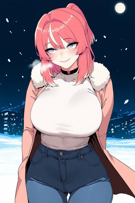 masterpiece, good quality, best quality, very awa, very as2, absurdres, highres
 <lora:Lana FoxilluLoRA:1>lana, short hair, multicolored hair, bangs, ponytail, collar, coat, pullover, jeans, winter, snow falling, night, moon, smile, blush, fur trim