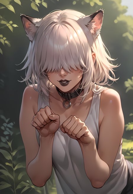 zPDXL, hi res
BREAK 1girl, catgirl, white hair, messy hair, hair covering eyes, hair over eyes, black lipstick, outside, sunlight, playing, joy, collar, petting, paw pose,
<lora:scoreSlider_ponyXL_v10:1> <lora:polki_ponyXL_v10:0.8>