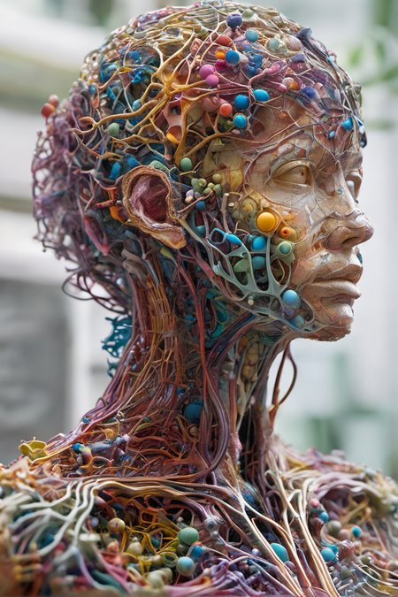 (Beautiful, Wonderful, intricate), (a superb Environmental sculpture of a Neural network organism), (Colorful, Realistic, High quality, Highly detailed, Sharp focus, 8K UHD, Art photography, trending on artstation)
