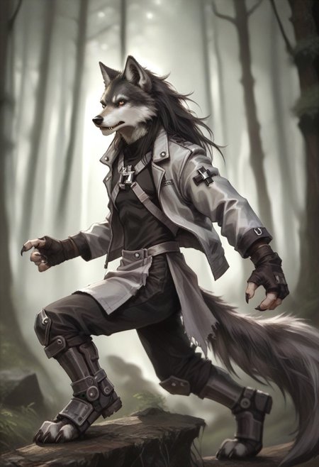 score_9, score_8_up, score_7_up, FMW1, source_furry, anthro, wolf, wolf ears, wolf tail, paws, claws, fangs, (gradient eyes:1.5), hugbaldw, cutoff jacket, body harness with holy cross design, long black hair, charcoal greaves, gray skirt, black shirt, black pants, black fingerless gloves, long legs, slender legs, dark forest,