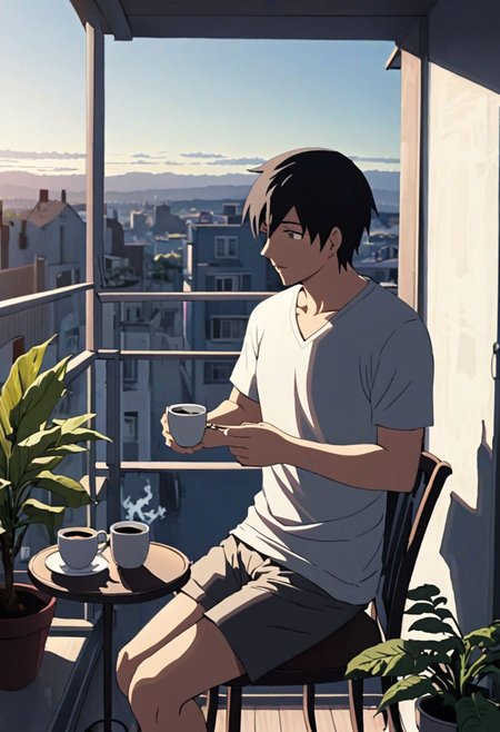 Highres, Masterpiece, High Quality, 4K, 8K, solo, 1Boy, Takaki Toono, adult, black hair, short hair, home balcony, city view, small table, balcony chair, houseplants, fresh air, morning, breeze, soft sunlight, calm, peaceful, holding a cigarette, cup of coffee, v-neck t-shirt, shorts, relaxing, enjoying moment, ashtray, coffee cup, easynegative, detailed_eye_model