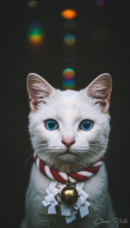 Japanese Culture Style, Emotional Photos, 35mm film, A serene white Japanese cat, wearing a red-and-white shimenawa and bell, embodying calm and auspicious New Year blessings.
