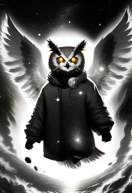 Score_9, Score_8_up, Score_7_up, lora:Navi_Celestial_Skin_PonyXL:1.1 nv-celestialskin, redpandafolk, rabbitfolk, owlfolk, foxfolk, sketch, monochrome, greyscale, YR_GradLight, 0u73r5p4c3, space, planet, nebula, galaxy, asteroid, GalaxyTelepurteSDXL, StarrySkies, scenery, stars (sky), background, night sky, vibrant colored skin, void cosmic body, deep black skin, ethereal silhouette, nebula patterns, animal theme focus, majestic owl