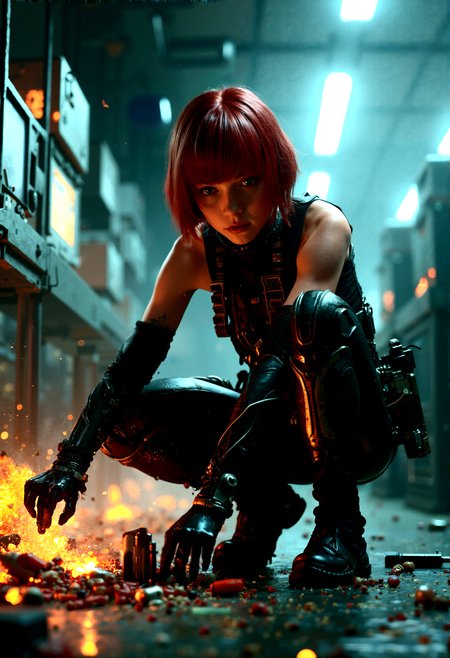 extremely photorealistic ultra-detailed, An intense, photorealistic photography scene of Regina planting explosive charges in a vital control room deep within the research facility. Her bob cut red hair is slick with sweat, and her blue eyes are narrowed in concentration as she carefully places the charges on key structural points. Regina is dressed in her sleeveless black tactical bodysuit, which is now torn and singed in places, and her grey armor plating is heavily scuffed. She crouches low, her movements precise and calculated, with one hand holding a remote detonator. The background reveals a room filled with advanced technology, with flickering computer screens, rows of control panels, and large, cylindrical power generators. The atmosphere is charged with tension, as Regina knows she must complete her task quickly before being detected, with the constant beeping of a countdown timer adding to the urgency.


cinematic lighting, extremely intricate detail character, accurate depiction of character, correct body anatomy,
correct hands and fingers, extremely intricate skin and facial texture detail, intricate black bodysuit design,lifelike potrayal, extrememly realistic lighting, extreme dynamic pose 

 












