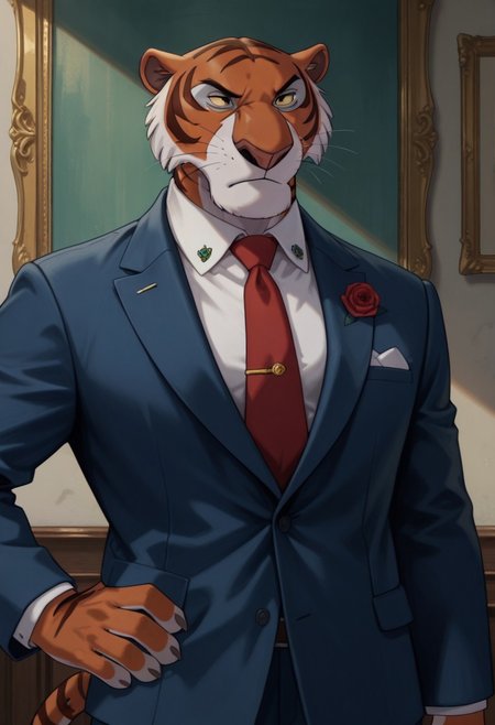 score_9, score_8_up, score_7_up, furry male, anthro, solo, (shere khan:1.2), tiger, yellow sclera, colored sclera, brown eyes, half-closed eyes, closed mouth, frown, chin tuft, cheek tuft, finger claws, striped tail, muscular, tall, navy blue suit, light blue dress shirt, red necktie, tie pin, rose lapel pin, button \(fastener\), 
hand on hip, standing, plantigrade, bust portrait, portrait, painterly, detailed face, 
inside, painted background, shadow, perfect lighting, 
masterpiece, detailed shading, hyperrealistic, realistic, intricate details, absurdres, 4k, 
 IllustriousQual, Stable_Yogis_Illustrious_Positives