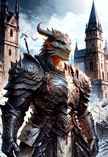 score_9, score_8_up, 8, score_7_up, score_6_up, solo,  massive dragonborn with strong armor, in the cathedral , dutch angle, scale mail armor, 40 year old, FFAOR,
