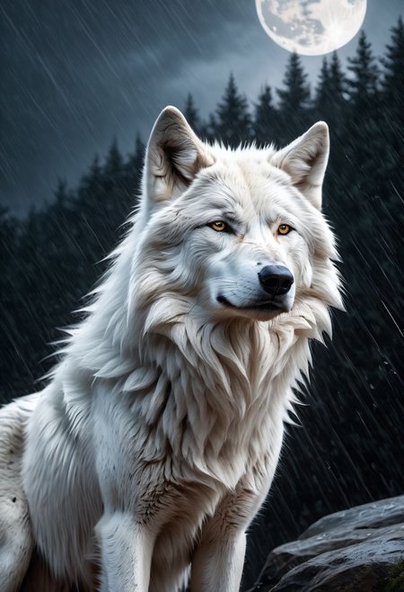 white wolf, sad, determined. lonely wolf, abandoned by his pack, looking at his friends from far away, (((howling)))m white fur, Royal, nobel, non-apologetic, in a heavy rain, full moon, it's head is down, Photorealistic, volumetric shading, Hyperdetailed, Dystopian, Elemental, Ethereal, Photorealistic, perfect composition, beautiful detailed, 8k artistic photography, soft natural volumetric cinematic perfect light, award - winning photograph, masterpiece,