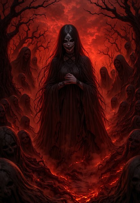 Create an ultra-realistic, Halloween-themed scene featuring a haunting woman with a highly detailed, dark, and gothic mask covering her face, adorned with bone-like patterns and sinister, web-like filigree. hell red sky cloudy sky background is a foggy, desolate forest drenched in deep shadows, with twisted, dead trees looming. The atmosphere is eerie and intense, with dim, flickering moonlight casting sharp, haunting shadows on her face. Surrounding her are faint, ghostly figures and spectral mist swirling around, all framed by unsettling, deep darkness. The image should be hyper-detailed, with dynamic, ominous lighting capturing the full horror essence of Halloween. mskdjm