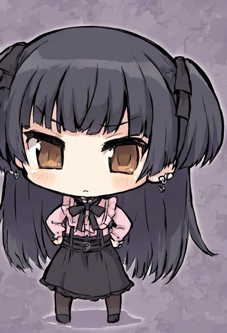 score_4,score_5,score_6,score_7_up,score_8_up,score_9 ((masterpiece,best quality,ultra detailed,highres,HD,4k:1.2)), 
1 girl,solo,face focus,
chibi,full body,deformed,| |,
fuyuko mayuzumi, black hair, brown eyes, long hair, two side up,
black bow, black bowtie, black ribbon, black skirt, bow, bowtie, frilled shirt, frills, jirai kei, long sleeves, neck ribbon, pink shirt, ribbon, shirt, skirt, white shirt,
hands on hip,
looking at viewer,from front,front view,front angle,
frown,blush,closed mouth,